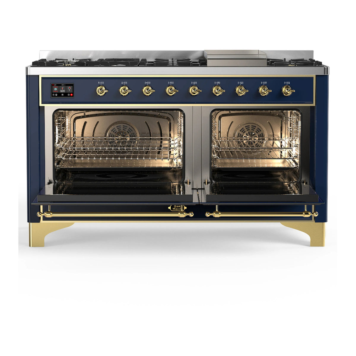 Blue-grey dual fuel range with two open electric oven doors and wire racks inside.