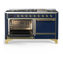 ILVE Majestic III 60-inch Dual Fuel Range with 7 Natural Gas Burner, Griddle and Solid Door Electric Oven in Blue Grey with Brass Trim (UM60FQNR3MBG)