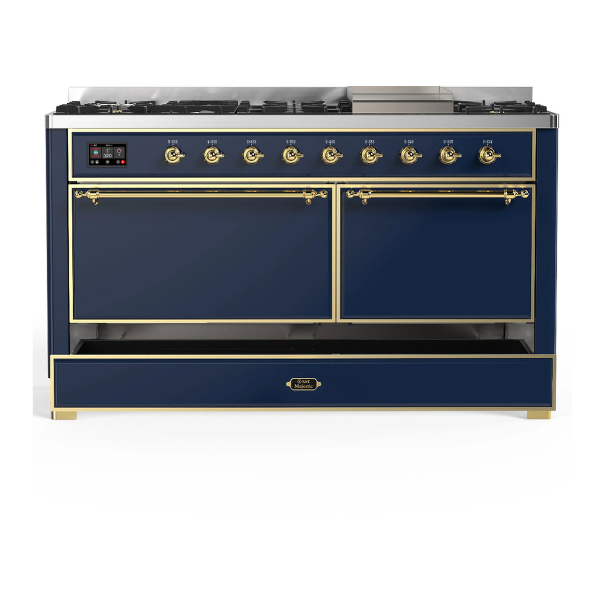 Blue-grey dual fuel range with two oven doors, brass trim, and front control panel.