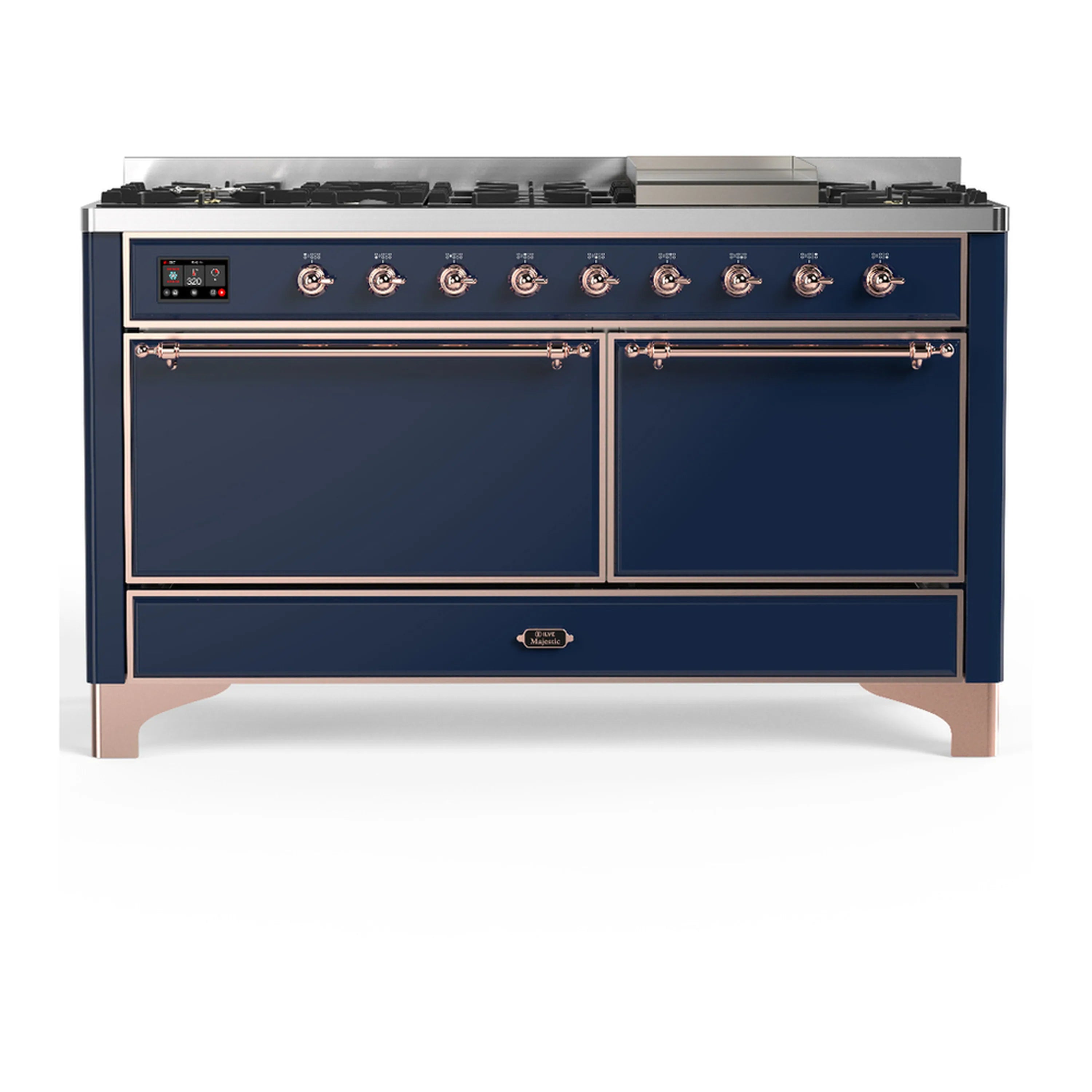 Midnight blue dual fuel range with copper trim, two oven doors, and control panel