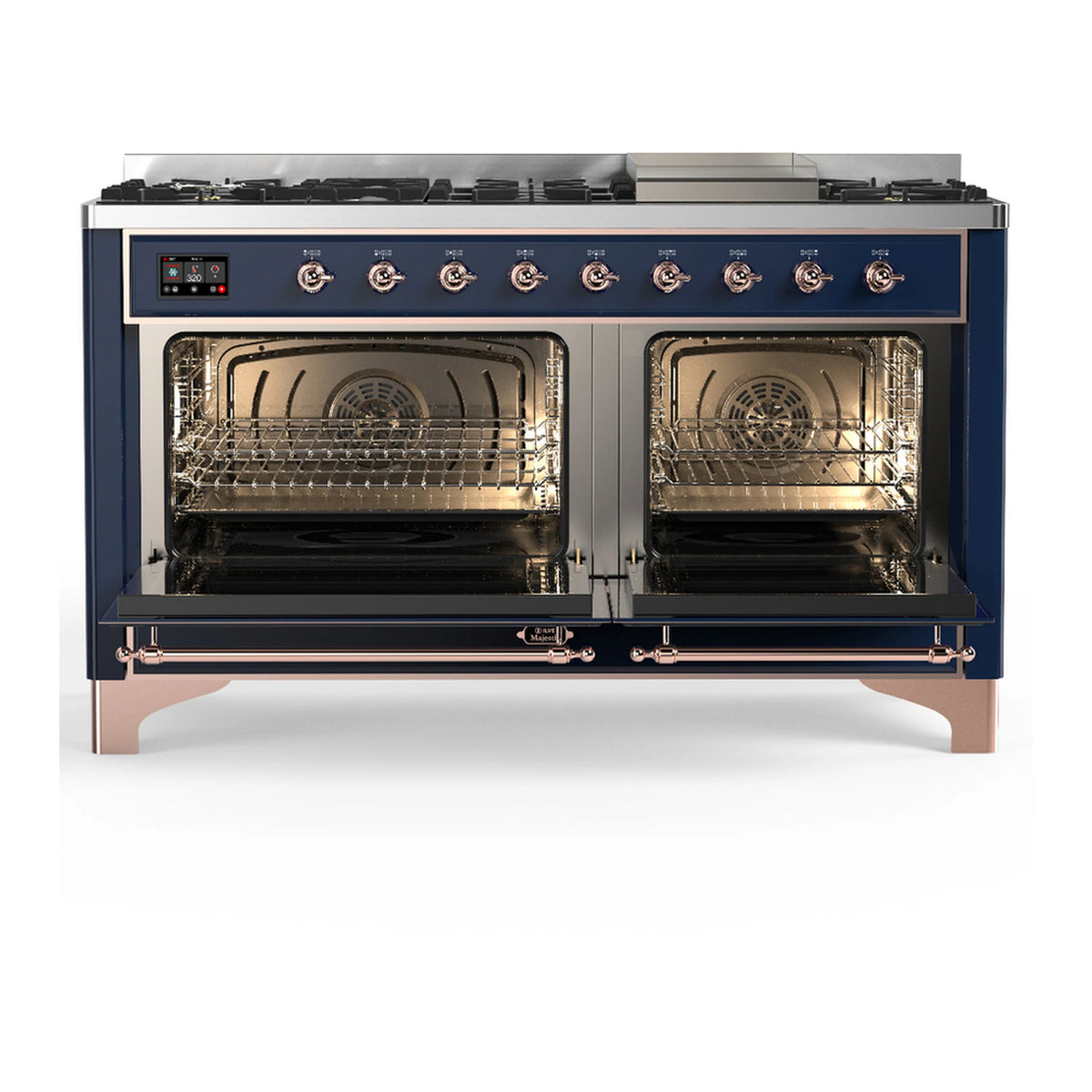 Midnight blue dual fuel range with two open oven compartments and wire racks