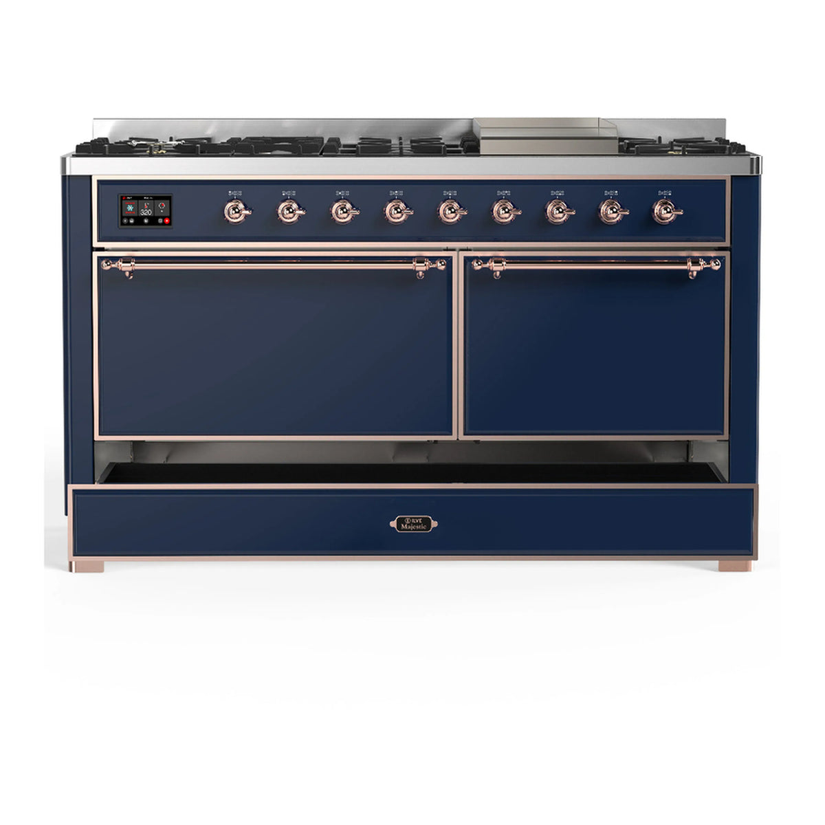 Midnight blue dual fuel range with two oven doors and a lower storage drawer