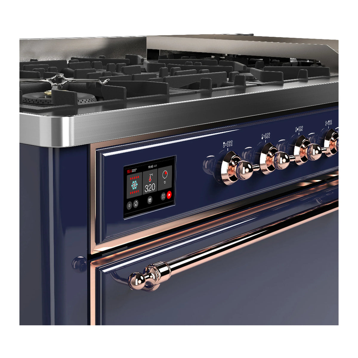 Midnight blue dual fuel range with copper-trim control panel and black burner grates