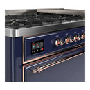 ILVE Majestic III 60-inch Dual Fuel Range with 7 Natural Gas Burner, Griddle and Solid Door Electric Oven in Midnight Blue with Copper Trim (UM60FQNR3MBP)