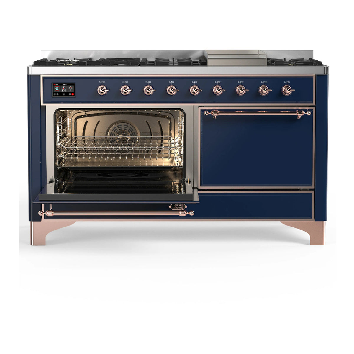 Midnight blue dual fuel range with open left oven door and two burner rows