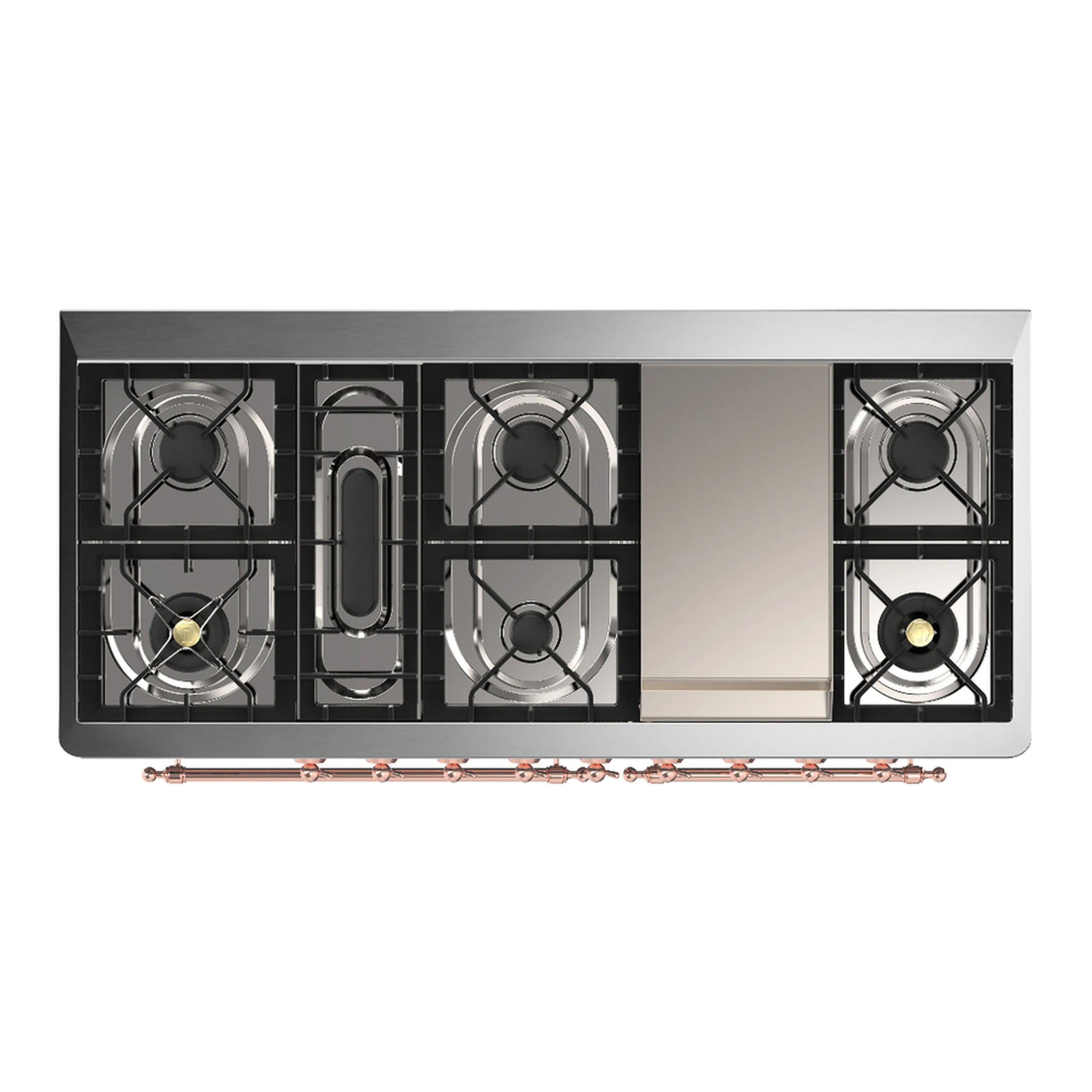 Dual fuel range cooktop with four burners and two long center grates in black
