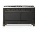 ILVE Majestic III 60-inch Dual Fuel Range with 5 Liquid Propane Burner, Griddle and Solid Door Electric Oven in Graphite Matte with Burnished Trim (UM60FQNR3MGBLP)