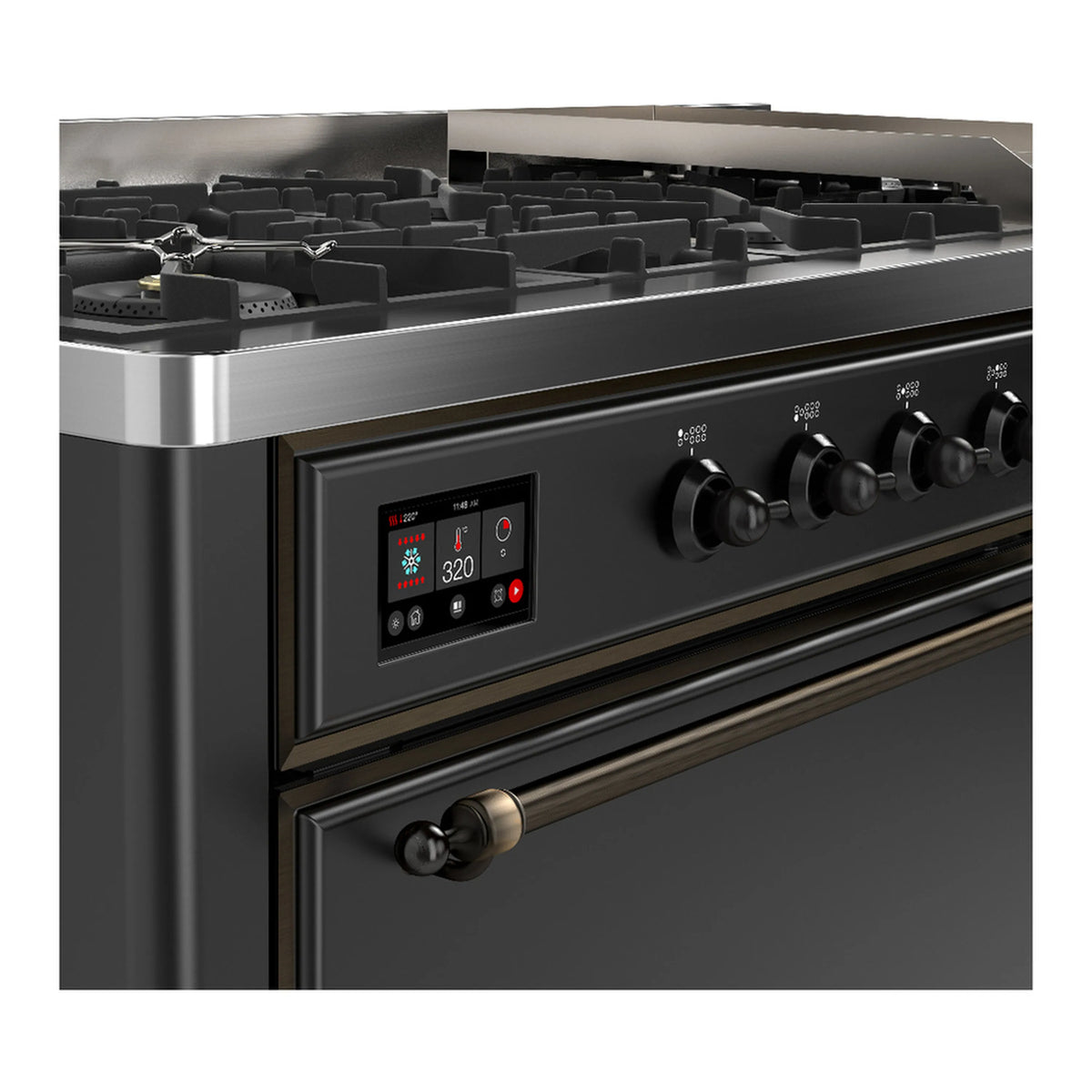 Graphite dual fuel range control panel with digital display and multiple burner knobs