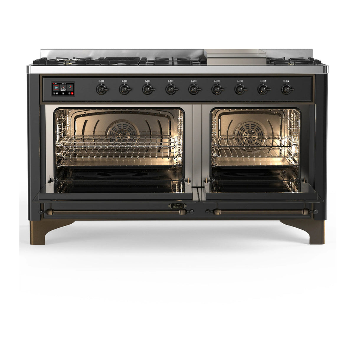 Graphite dual fuel range with open oven doors showing racks inside the oven cavities