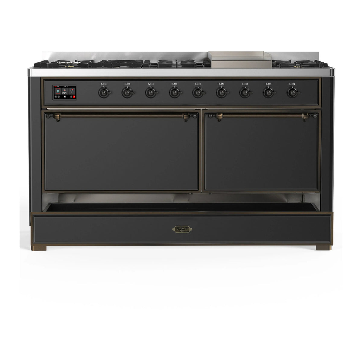 Graphite dual fuel range front with two oven doors and a lower storage drawer