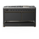 ILVE Majestic III 60-inch Dual Fuel Range with 5 Liquid Propane Burner, Griddle and Solid Door Electric Oven in Graphite Matte with Burnished Trim (UM60FQNR3MGBLP)