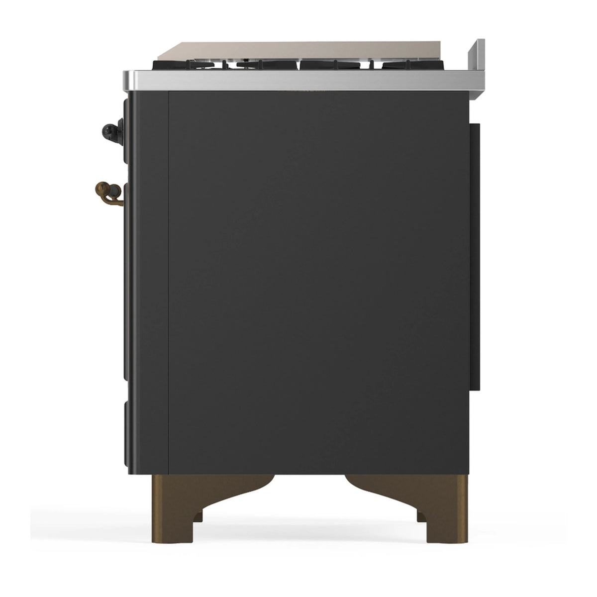 Graphite matte dual fuel range rear side view with side handles and bottom legs