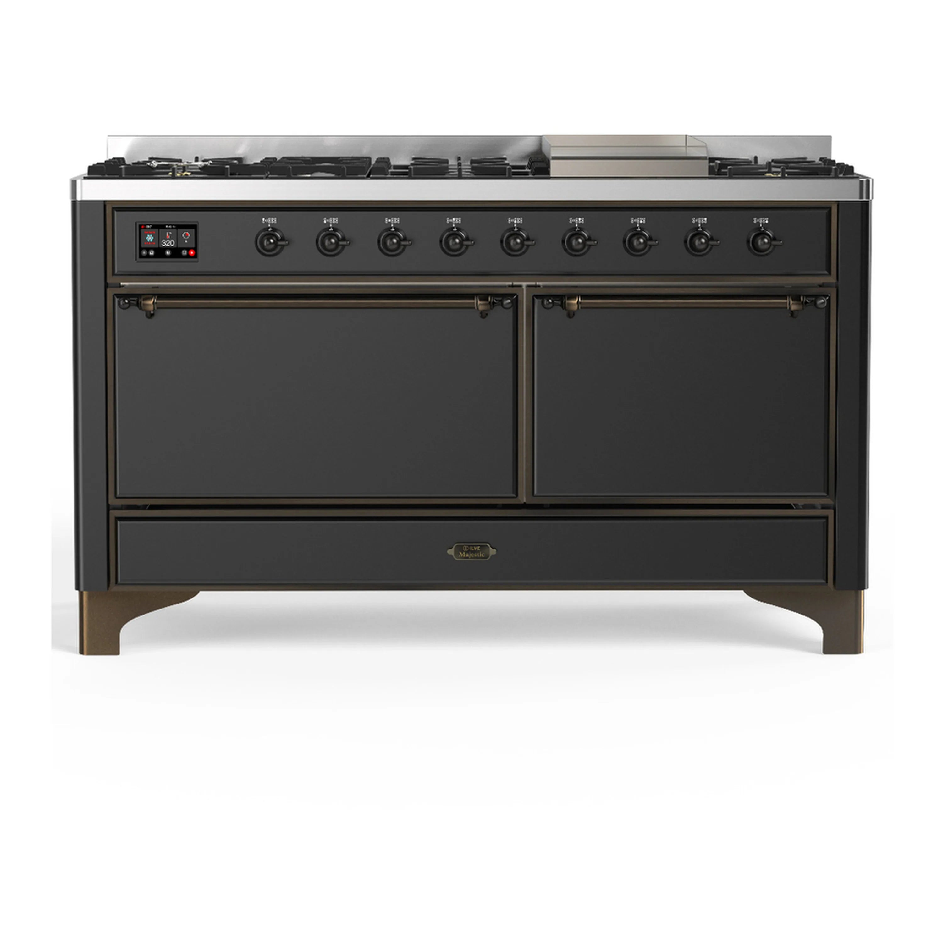 Graphite matte dual fuel range with 7-burner cooktop, two oven doors, control panel