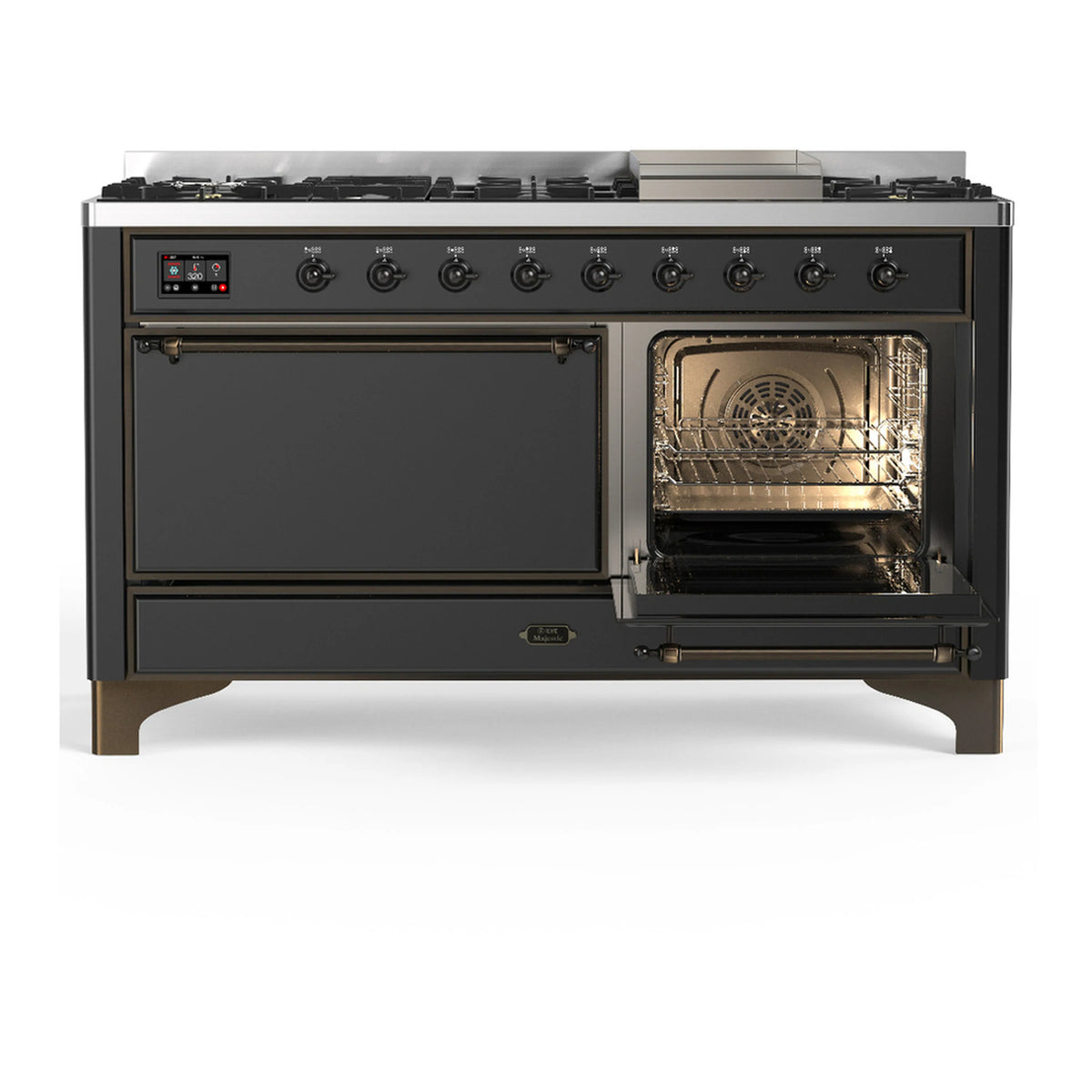 Graphite matte range with right oven door open, interior racks visible