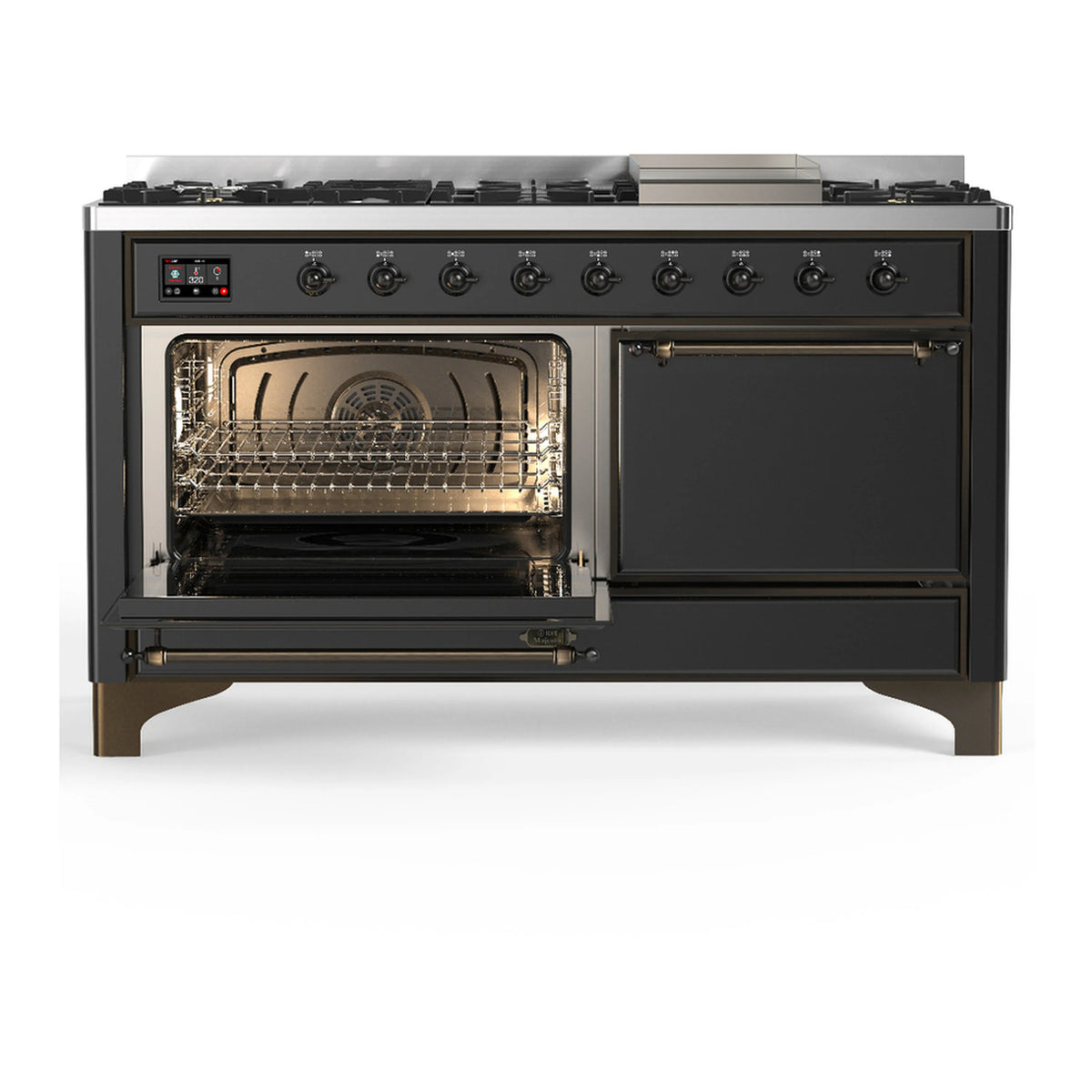 Graphite matte range with ovens open, wire racks and broil/bake cavity visible