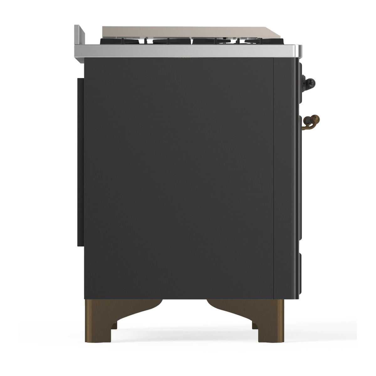 Graphite matte range side panel with bronze-colored legs and rear corner details