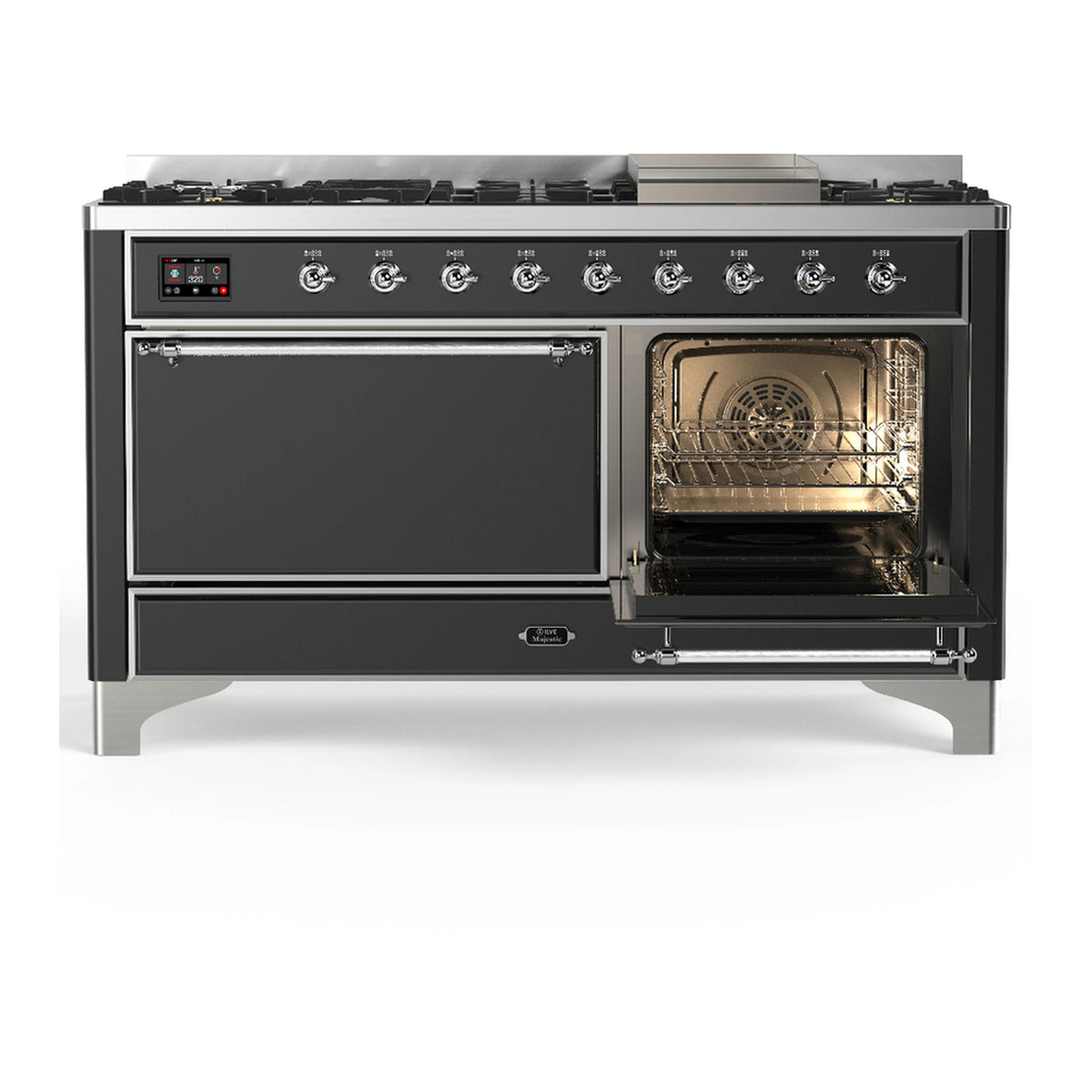 Dual fuel range with one oven door open, showing interior rack and fan at matte graphite.