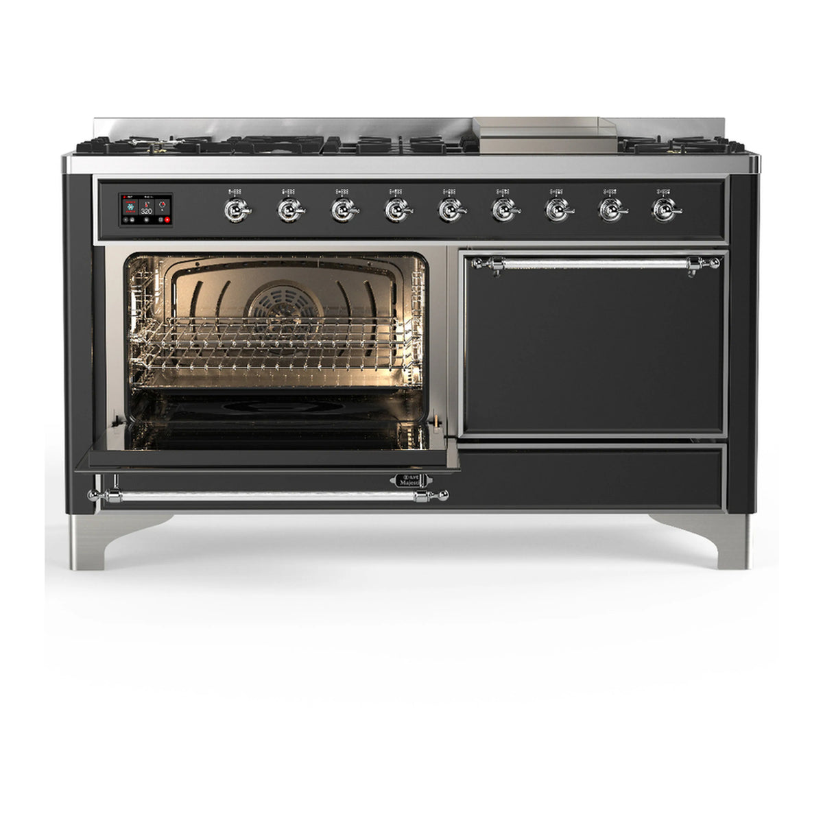Dual fuel range with one oven door open, showing oven rack inside and matte graphite door.