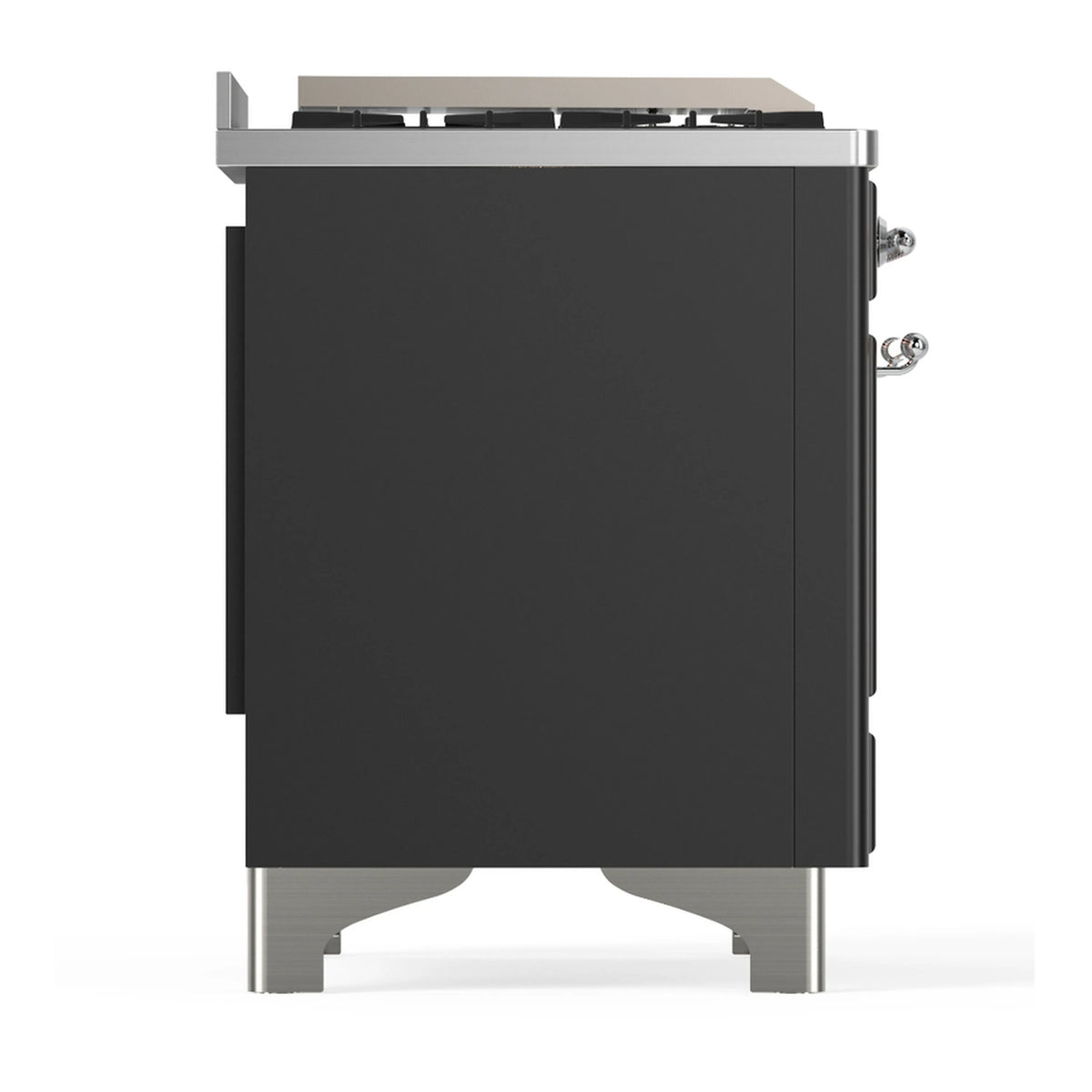 Dual fuel range rear side panel with matte graphite back and side fittings with chrome details.