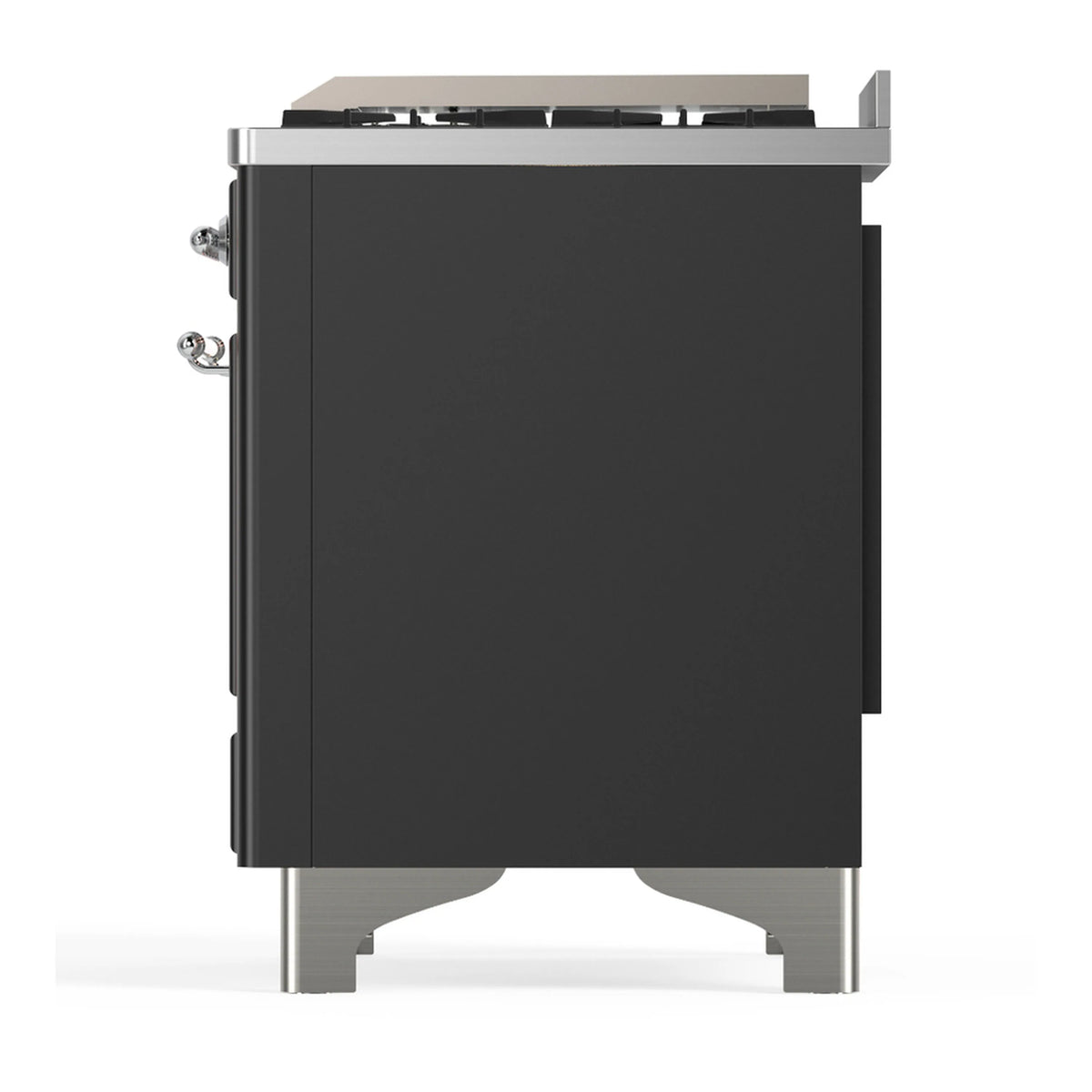 Dual fuel range rear view with matte graphite back panel and chrome side fittings on legs.