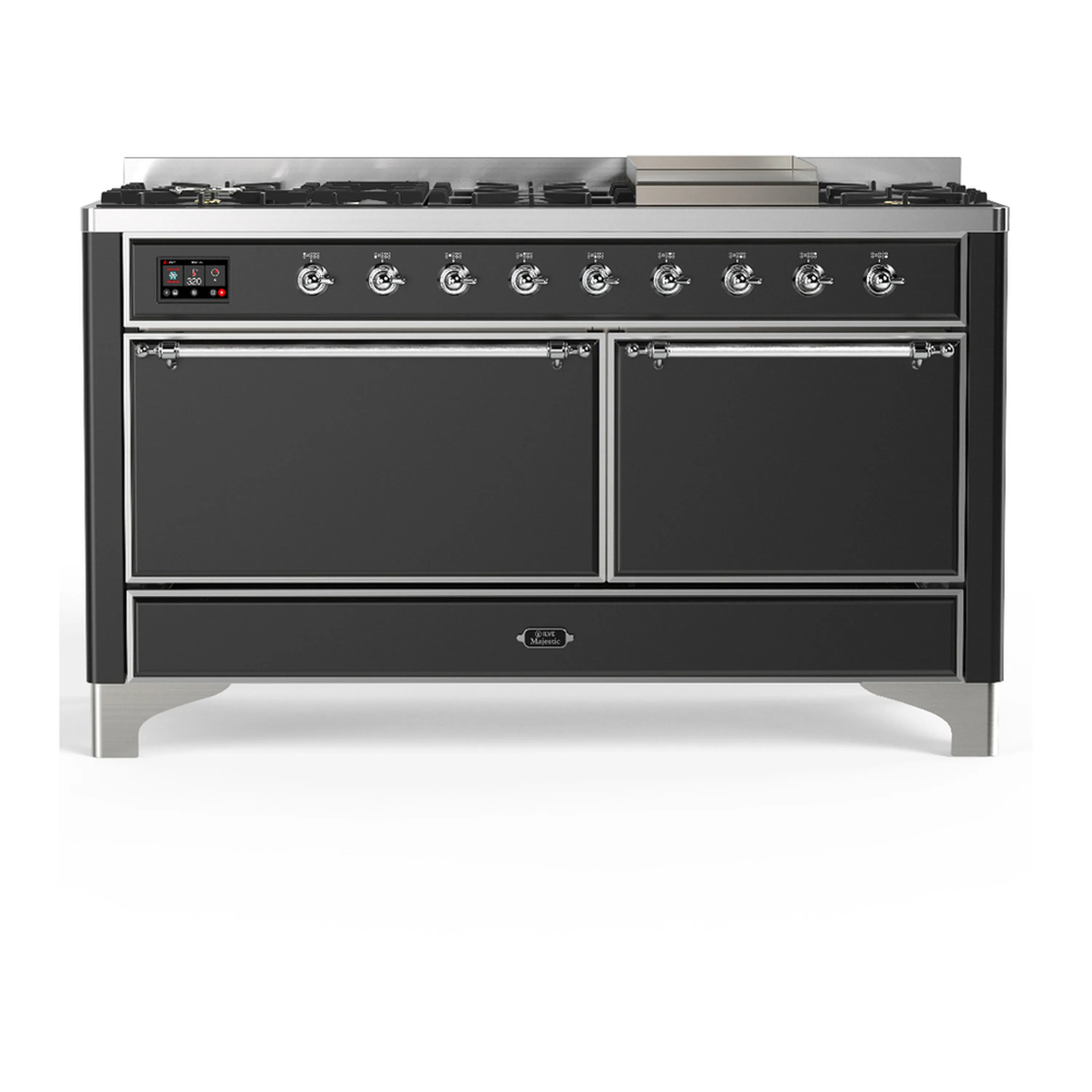 Graphite matte dual fuel range with chrome trim, dual oven doors, and control panel