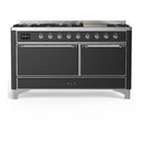 ILVE Majestic III 60-inch Dual Fuel Range with 7 Natural Gas Burner, Griddle and Solid Door Electric Oven in Graphite Matte with Chrome Trim (UM60FQNR3MGC)