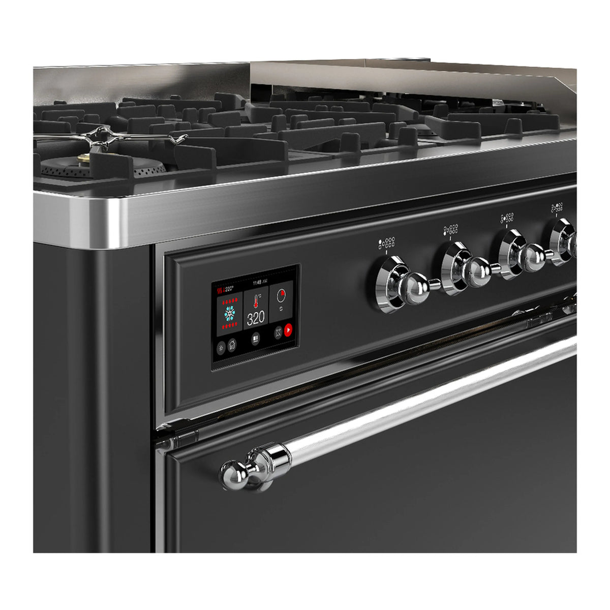 Graphite matte dual fuel range front controls with chrome knobs and digital display