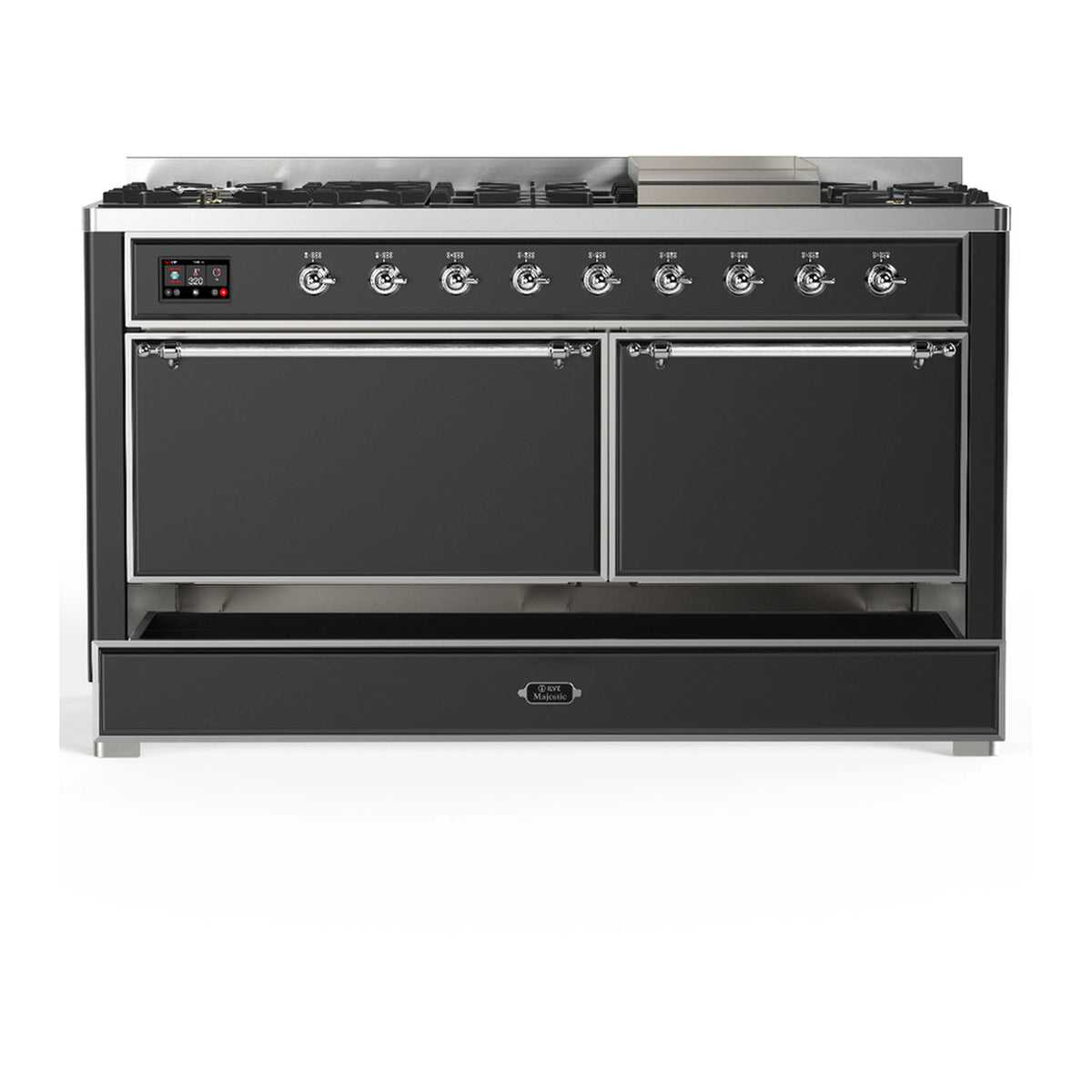 Graphite matte dual fuel range with two closed oven doors and front storage drawer