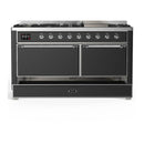 ILVE Majestic III 60-inch Dual Fuel Range with 7 Natural Gas Burner, Griddle and Solid Door Electric Oven in Graphite Matte with Chrome Trim (UM60FQNR3MGC)