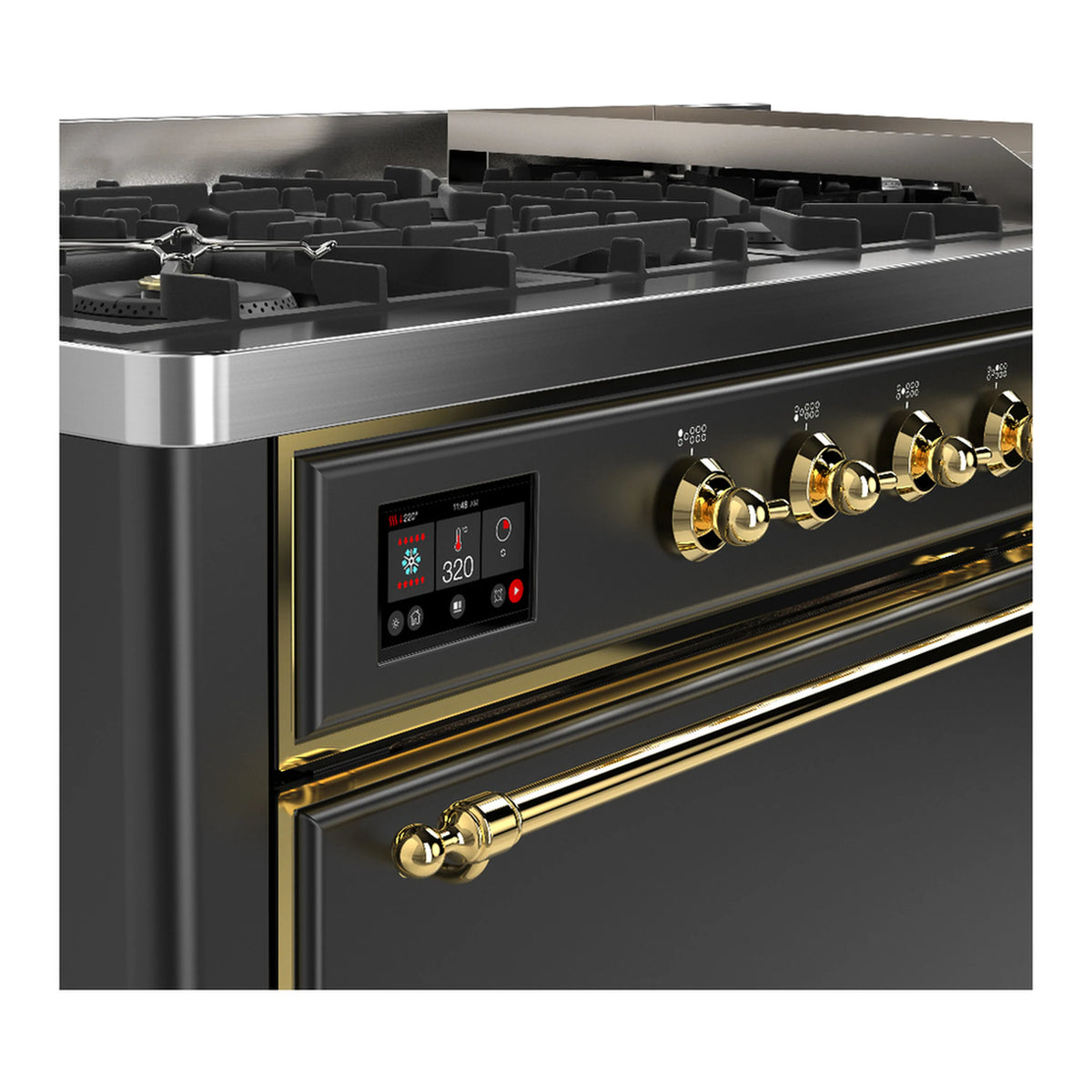 Dual fuel range side view with brass control knobs and open cooktop grates