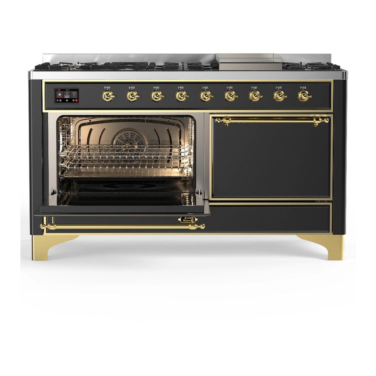Dual fuel range with left oven door open, interior oven racks and fan