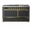 ILVE Majestic III 60-inch Dual Fuel Range with 5 Liquid Propane Burner, Griddle and Solid Door Electric Oven in Graphite Matte with Brass Trim (UM60FQNR3MGGLP)