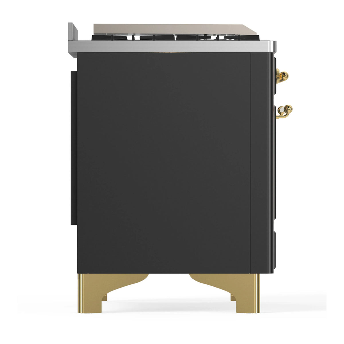 Dual fuel range side panel in graphite matte with brass trim and legs