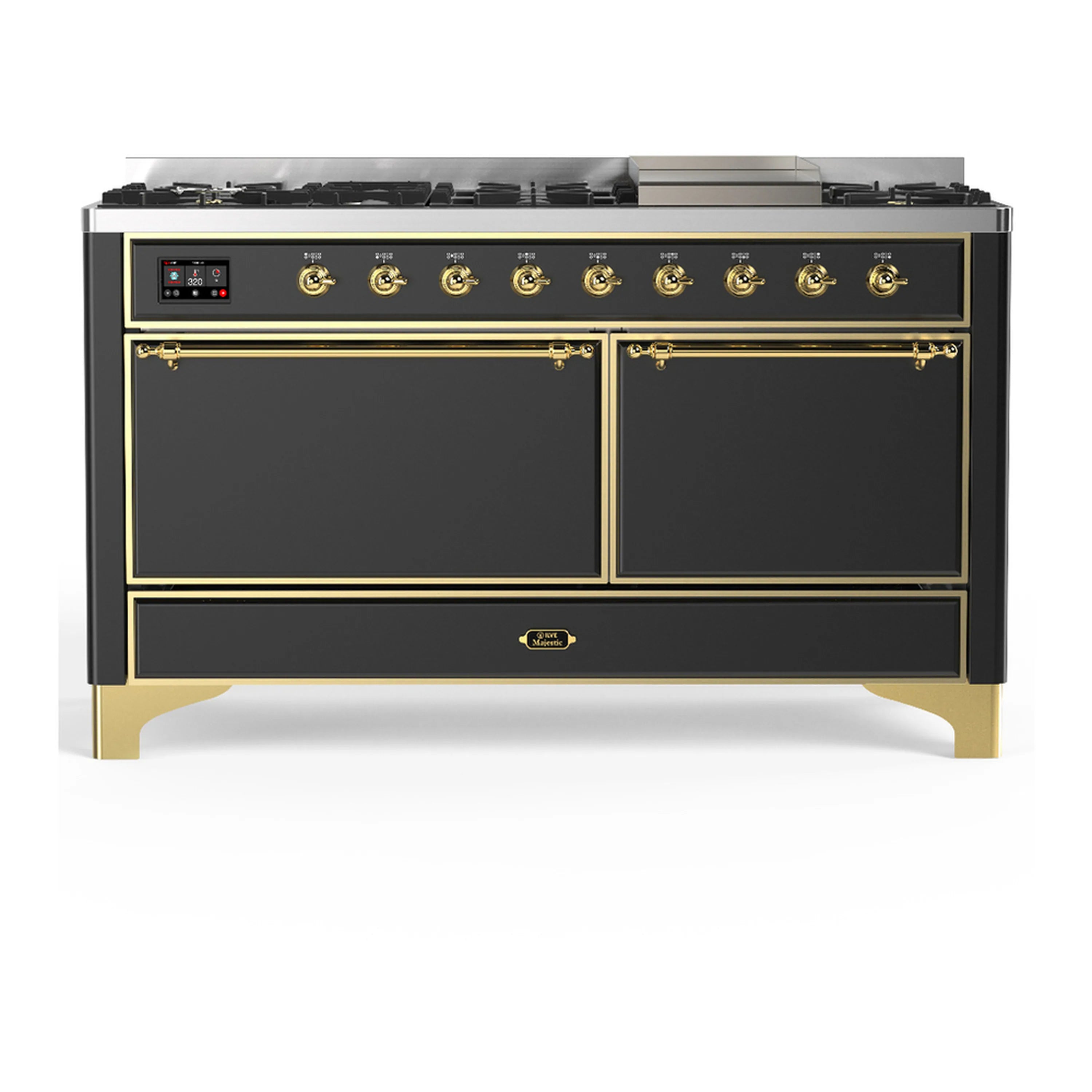 Graphite matte dual fuel range with brass trim, dual oven doors, and control panel