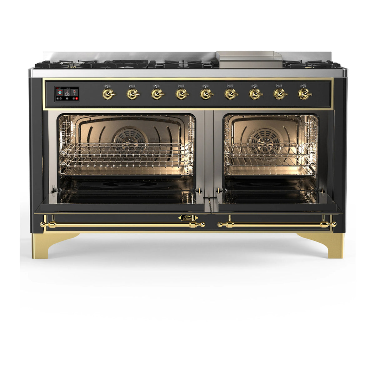 Graphite matte dual fuel range with both oven doors open showing interior racks