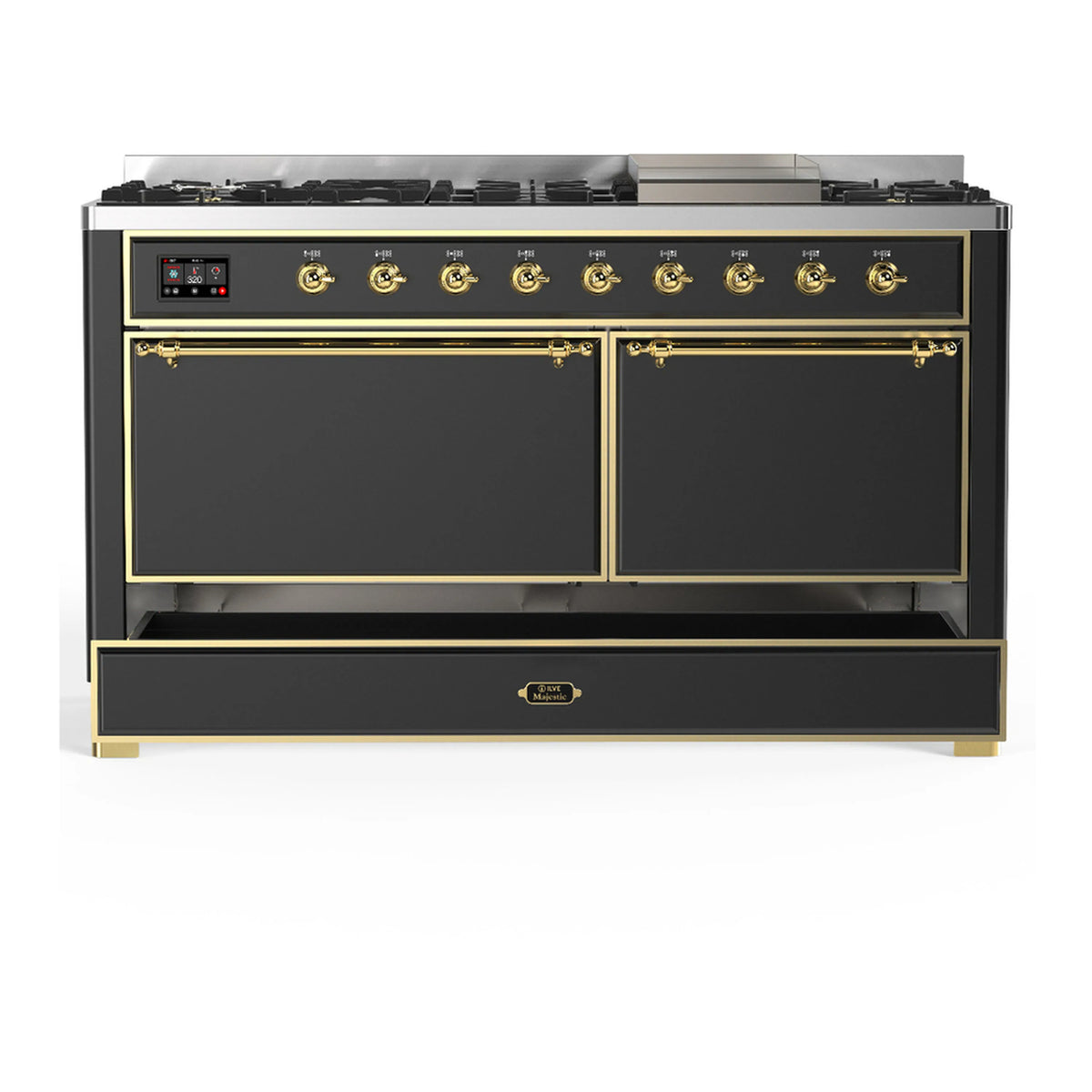 Graphite matte dual fuel range with brass trim, dual closed oven doors, and knobs
