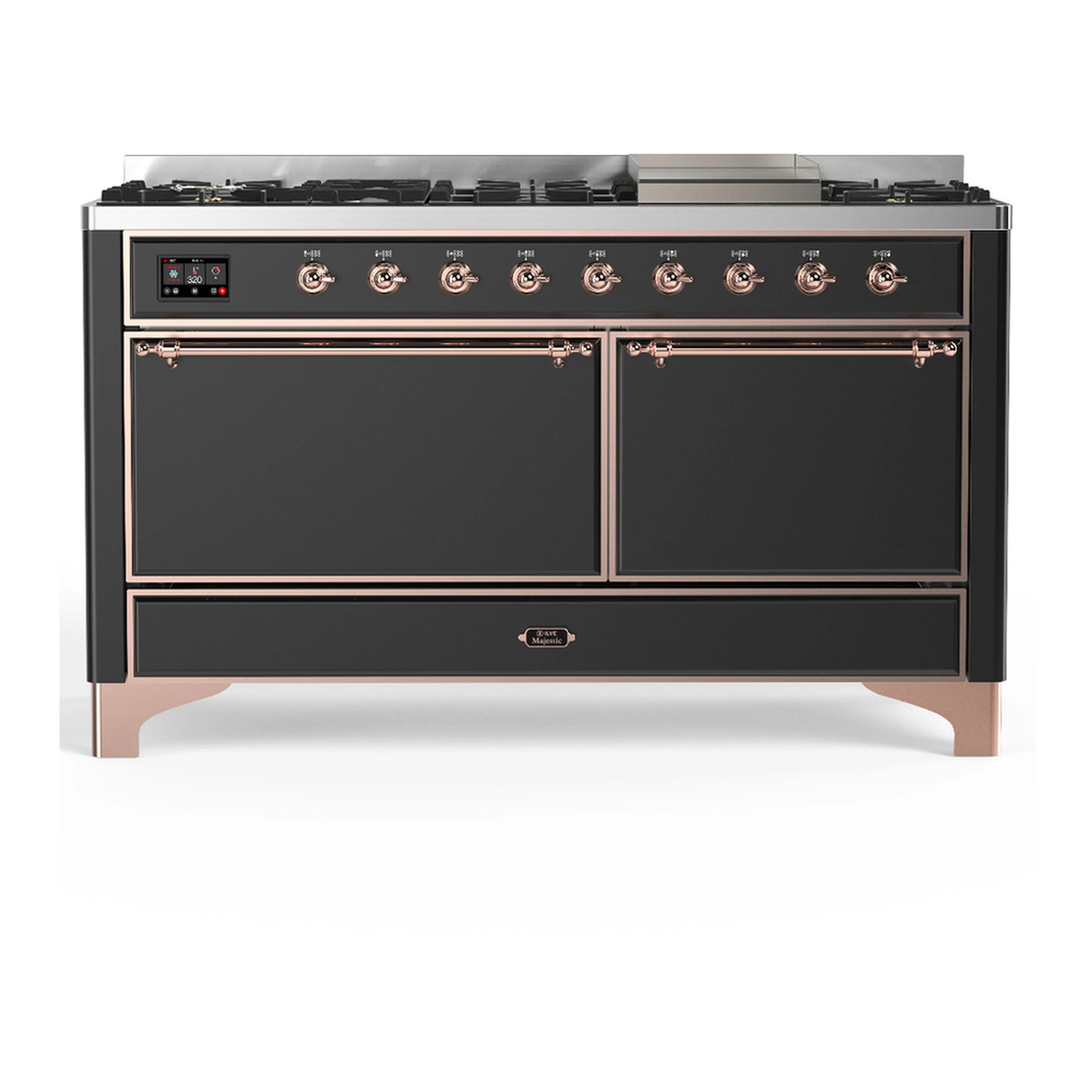 Dual fuel range with graphite matte finish, copper trim, two oven doors, and control panel