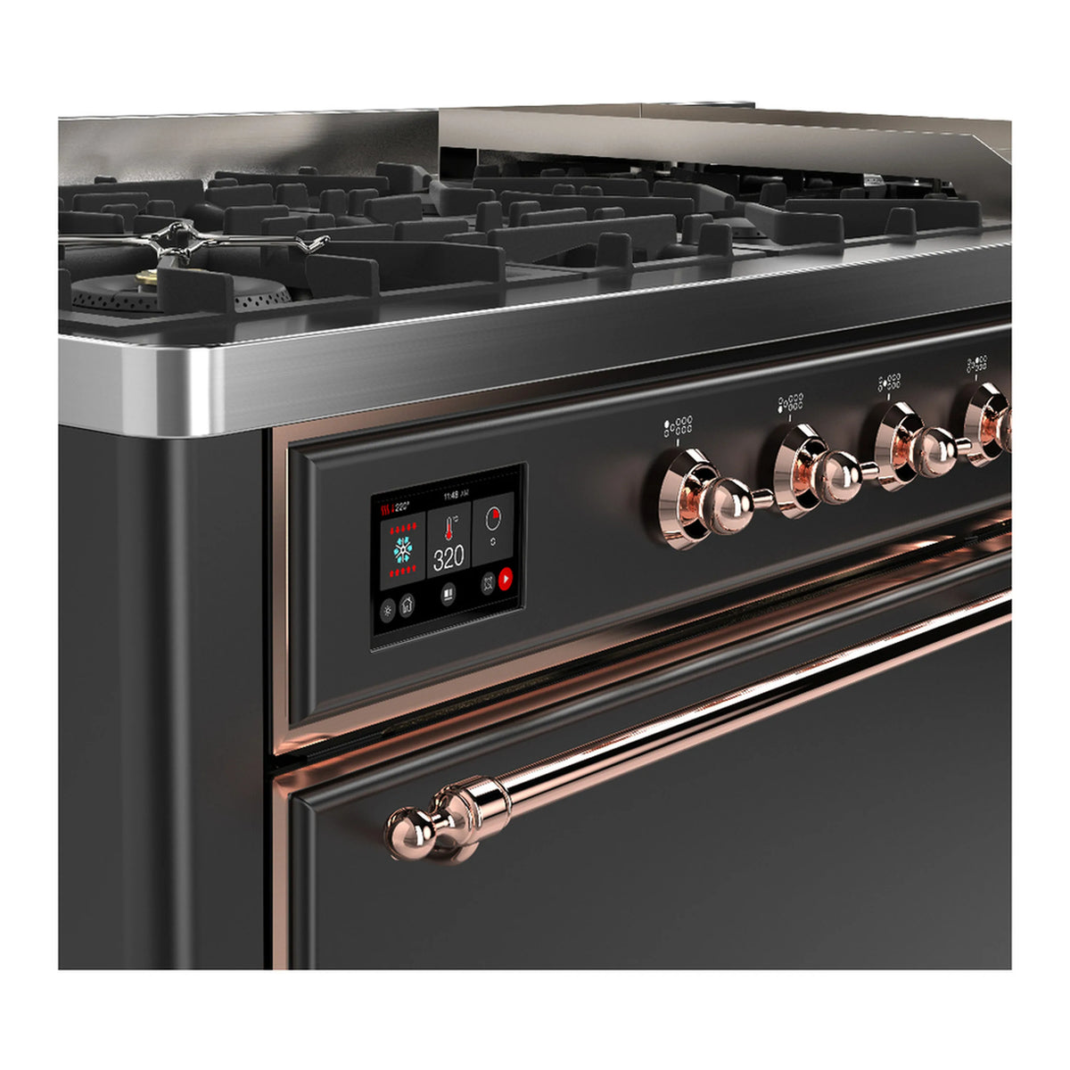 Dual fuel range side view showing graphite front, copper-trim knobs, and digital control display