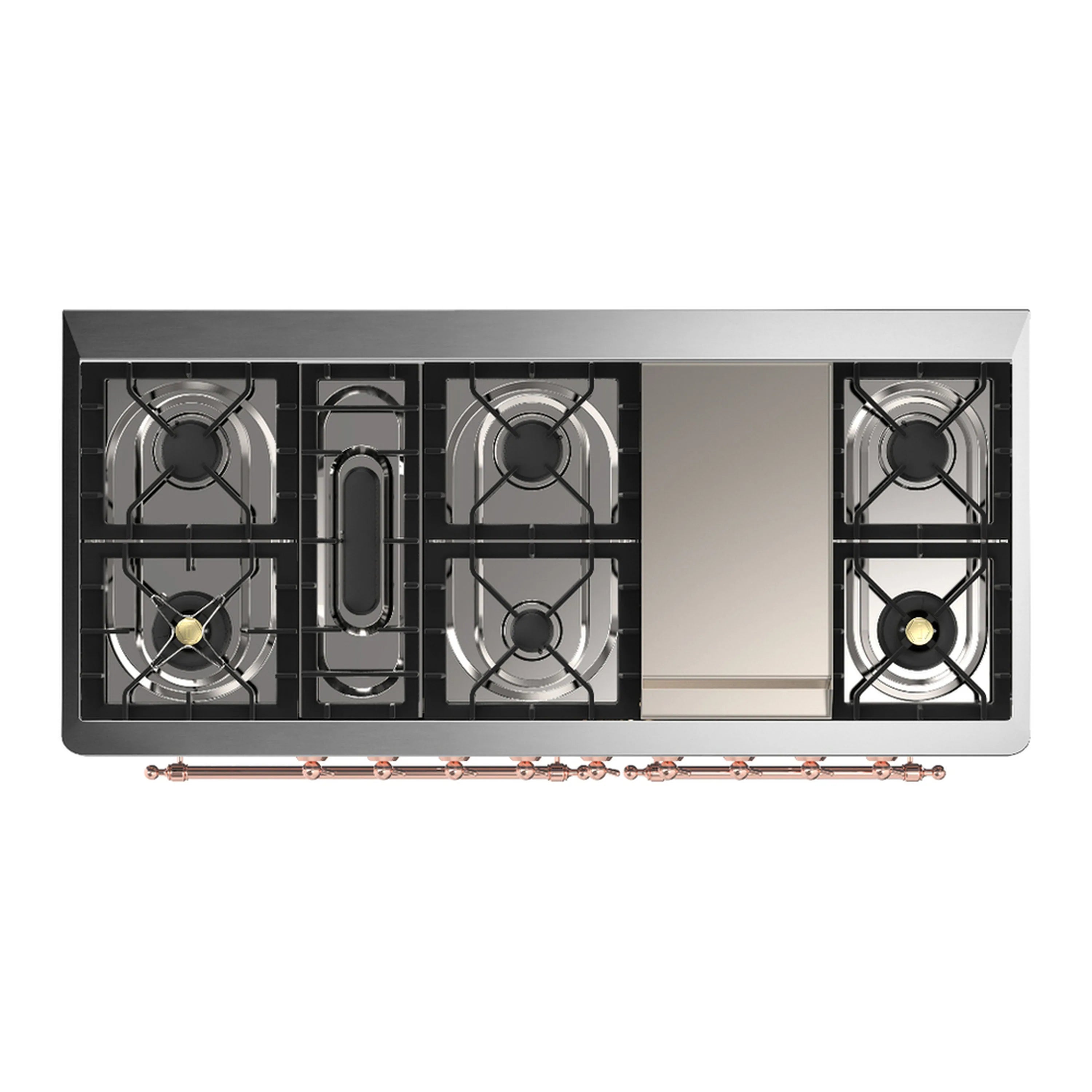 Dual fuel range cooktop underside showing burner grates and grate frames in graphite