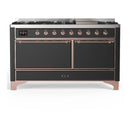 ILVE Majestic III 60-inch Dual Fuel Range with 7 Natural Gas Burner, Griddle and Solid Door Electric Oven in Graphite Matte with Copper Trim (UM60FQNR3MGP)