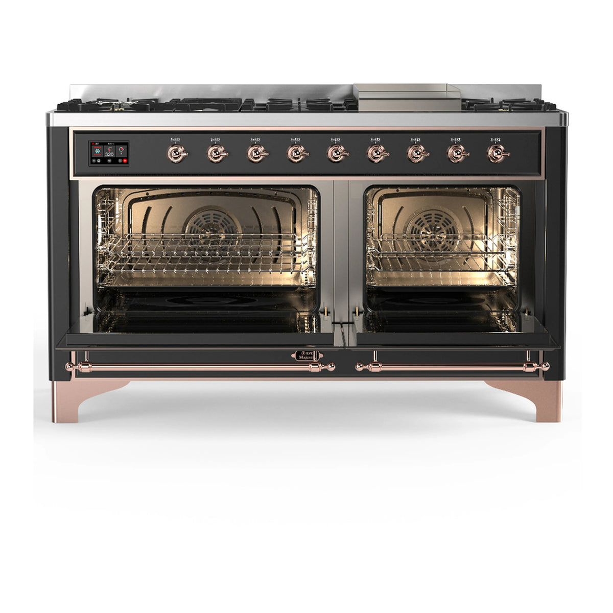 Graphite matte dual fuel range with oven doors open, visible racks and interior light