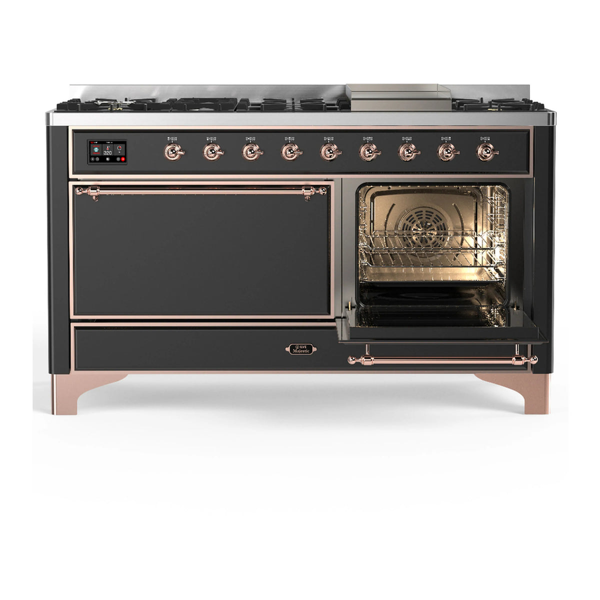 Graphite matte dual fuel range with one oven door open and copper-trim control panel