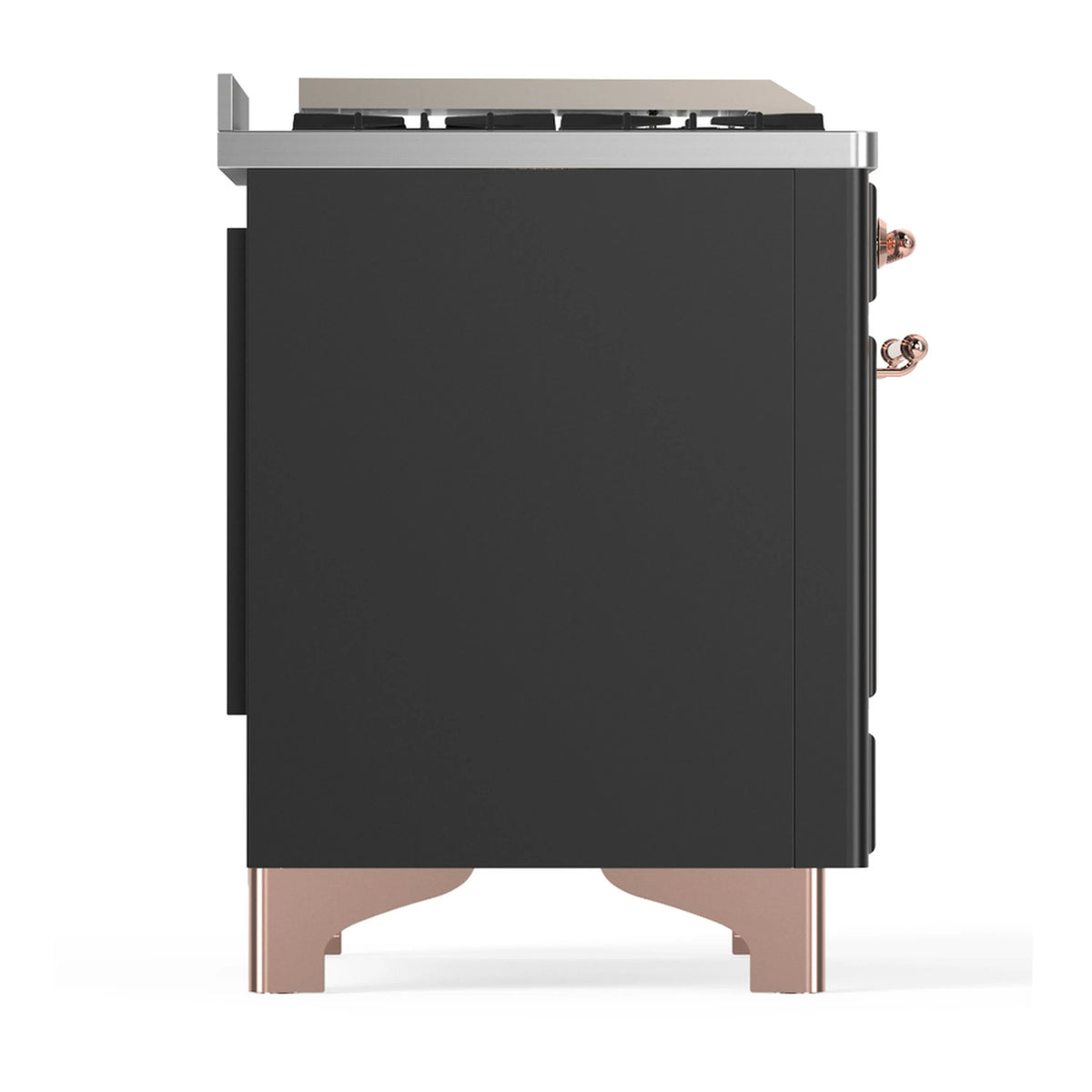 Graphite matte side panel of dual fuel range with copper-toned trim and side hardware