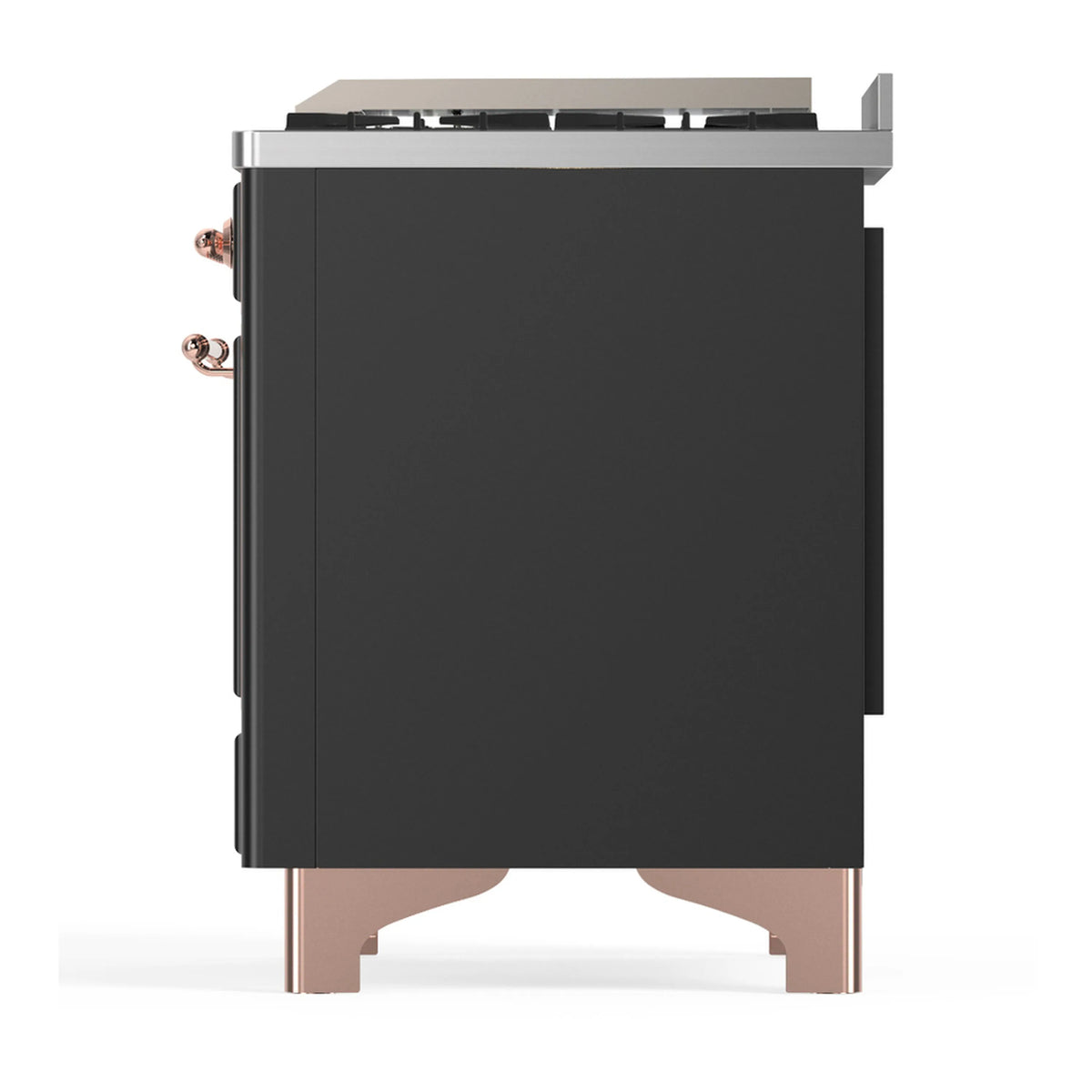 Graphite matte side of dual fuel range with copper trim posts and corner hardware