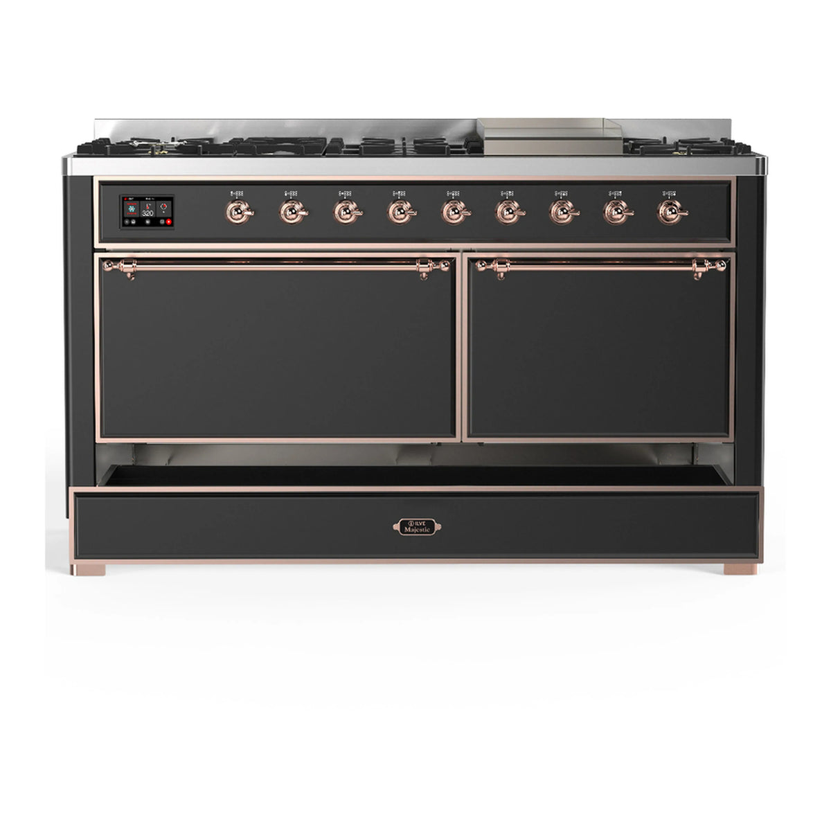 Graphite matte dual fuel range front with dual oven doors closed and copper-trim base