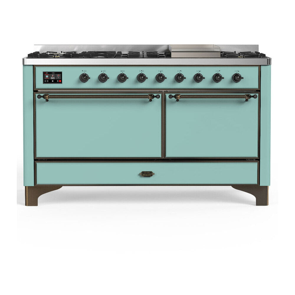 ILVE Majestic III 60-inch Dual Fuel Range with 5 Liquid Propane Burner, Griddle and Solid Door Electric Oven in Mediterranean Mint with Burnished Trim (UM60FQNR3MMBLP)