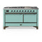 ILVE Majestic III 60-inch Dual Fuel Range with 7 Natural Gas Burner, Griddle and Solid Door Electric Oven in Mediterranean Mint with Burnished Trim (UM60FQNR3MMB)