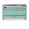ILVE Majestic III 60-inch Dual Fuel Range with 5 Liquid Propane Burner, Griddle and Solid Door Electric Oven in Mediterranean Mint with Chrome Trim (UM60FQNR3MMCLP)