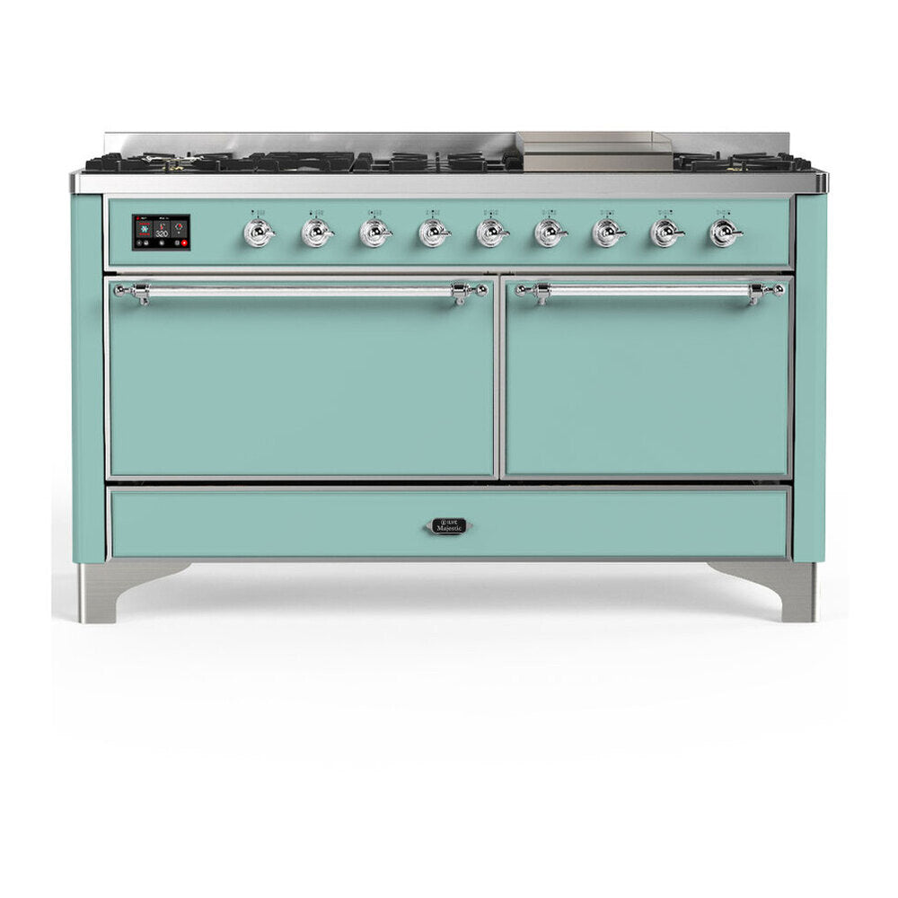 ILVE Majestic III 60-inch Dual Fuel Range with 5 Liquid Propane Burner, Griddle and Solid Door Electric Oven in Mediterranean Mint with Brass Trim (UM60FQNR3MMGLP)