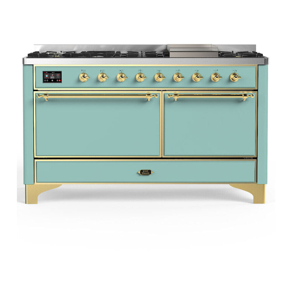 ILVE Majestic III 60-inch Dual Fuel Range with 7 Natural Gas Burner, Griddle and Solid Door Electric Oven in Mediterranean Mint with Brass Trim (UM60FQNR3MMG)